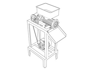 Electric Meat Grinder Wireframe and Industrial Sausage Maker Blueprint: A Monochrome Technical Diagram for Commercial Kitchen Appliances and Meat Processing Equipment. Ideal for Food Mincer Concepts.