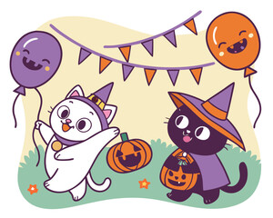 Funny cartoon kitten and puppy with a cute ghost and Halloween pumpkin vector illustration card for children's holiday fun