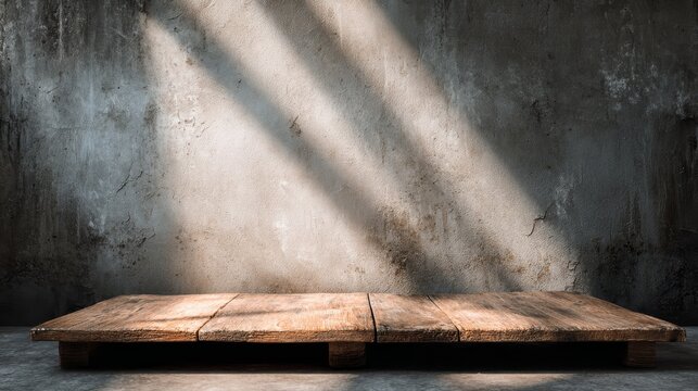 empty wooden platform in front of old textured concrete wall, dramatic sunlight casting beams and shadows, cinematic lighting, rustic and industrial - Powered by Adobe