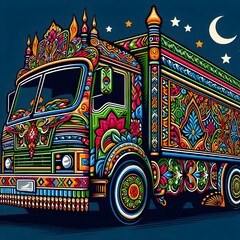 Traditional Pakistani Truck Decoration in Bold Colors and Patterns.