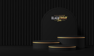 3D Black round product podium background with empty space. Black Friday sale. Abstract composition in minimalist design. Studio display showroom stands pedestal, Fashion stage showcase mockup scene. © Riseness