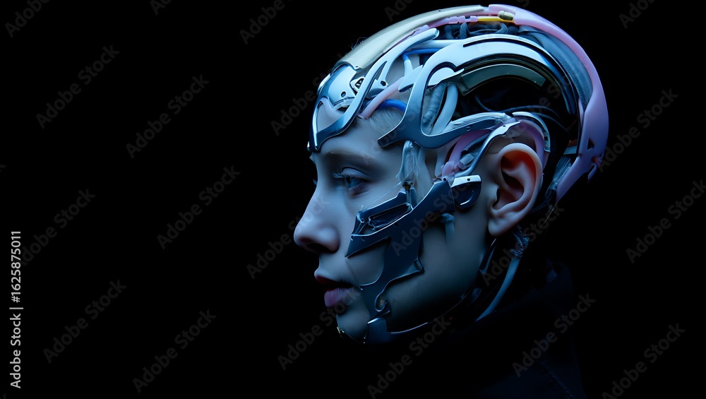 Poster close-up of a sophisticated humanoid robot head with intricate metallic and electronic components on