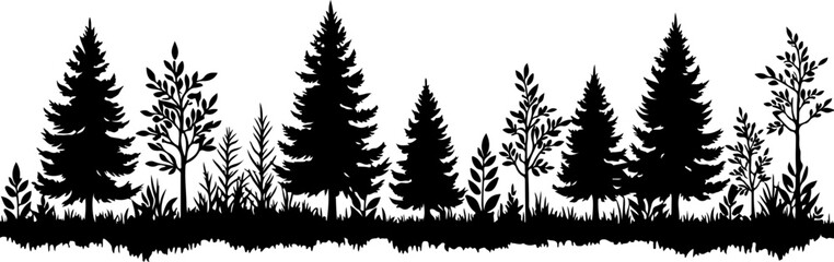 Obraz premium Tree Silhouettes, Forest Shapes, Pine Trees, Oak 