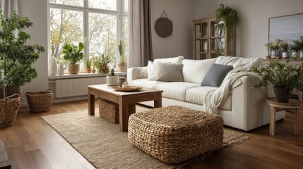 Wicker and fabric pouf near white corner sofa. Minimalist interior design of modern living room.