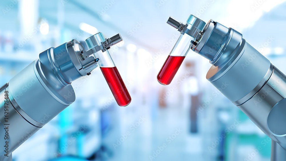 Poster two robotic arms precisely holding test tubes with red liquid, suggesting automated laboratory analy