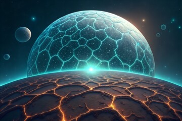 Cracked alien planet surface with glowing blue dome and moons cracked surface glowing dome