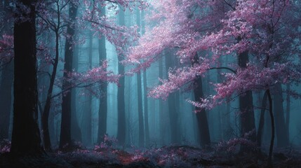 ethereal misty forest with tall dark trees, soft blue fog, branches blooming with delicate pink cherry blossoms, sunlight filtering through the mist