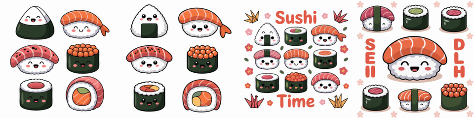 Fototapeta premium Cute Cartoon Sushi and Onigiri Set with Happy Faces, Sushi Time Illustration