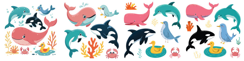 Obraz premium Cute Cartoon Sea Creatures Dolphins, Whales, Orcas, Birds, Crabs, Ducks, and Seaweed
