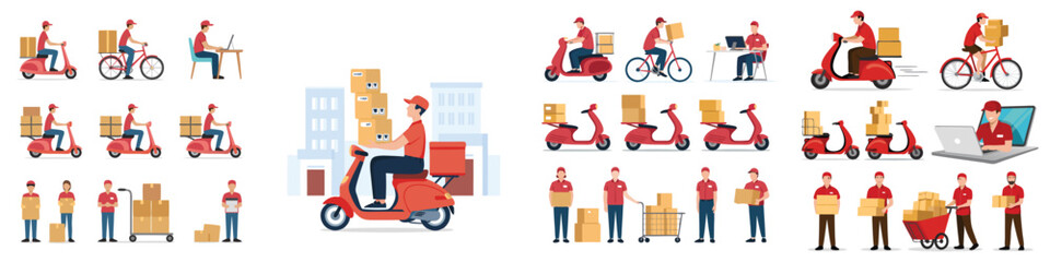 Delivery Service Concept Illustration Featuring Couriers on Scooters, Bicycles, and with Packages or on Computer