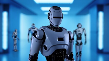 Sleek white humanoid robot walking down a futuristic blue lit corridor with other robots in the background.