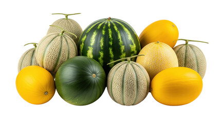 Assorted whole melons isolated on transparent background