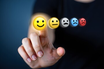 Finger touching happy emoji on virtual screen, representing customer satisfaction, feedback, and rating experience, showcasing positive and negative emotions in business