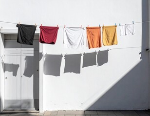 Shadows of hanging laundry fluttering on white wall, sunny day, poetic minimalism