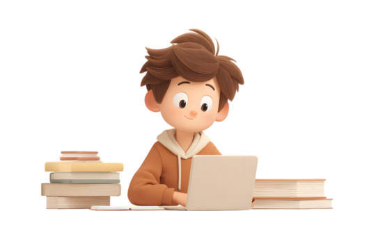 A boy checking an online quiz result on laptop with a relieved smile, 3d animation, isolated on a white background, in a simple style, with a transparent PNG