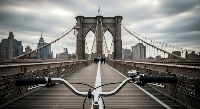 Immersive point-of-view from bicycle handlebars crossing the iconic Brooklyn Bridge