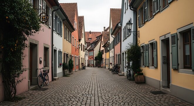 Charming streetscape of a European town with colorful buildings