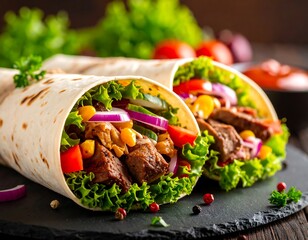 Two burritos filled with seasoned meat, vegetables, and corn