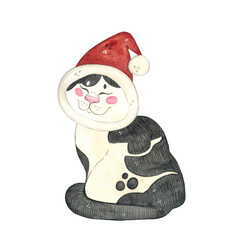 Cat black and white in a Santa Claus hat against. Watercolor illustration hand drawn, cartoon. Drawing for stickers, cards, scrapbooking. Cat, pet, toy, costume, hat, masquerade, party, fun