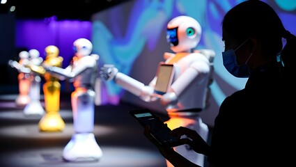Silhouetted person with face mask observing an exhibition of diverse humanoid robots with vibrant lighting