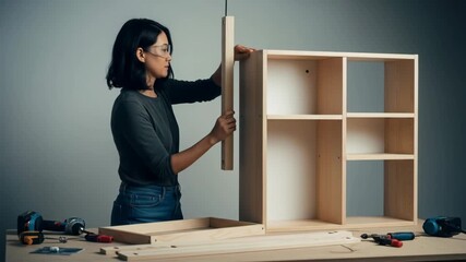 Woman Assembling Wooden Furniture in a Minimalist Workspace with Tools and Focused Intent - Powered by Adobe