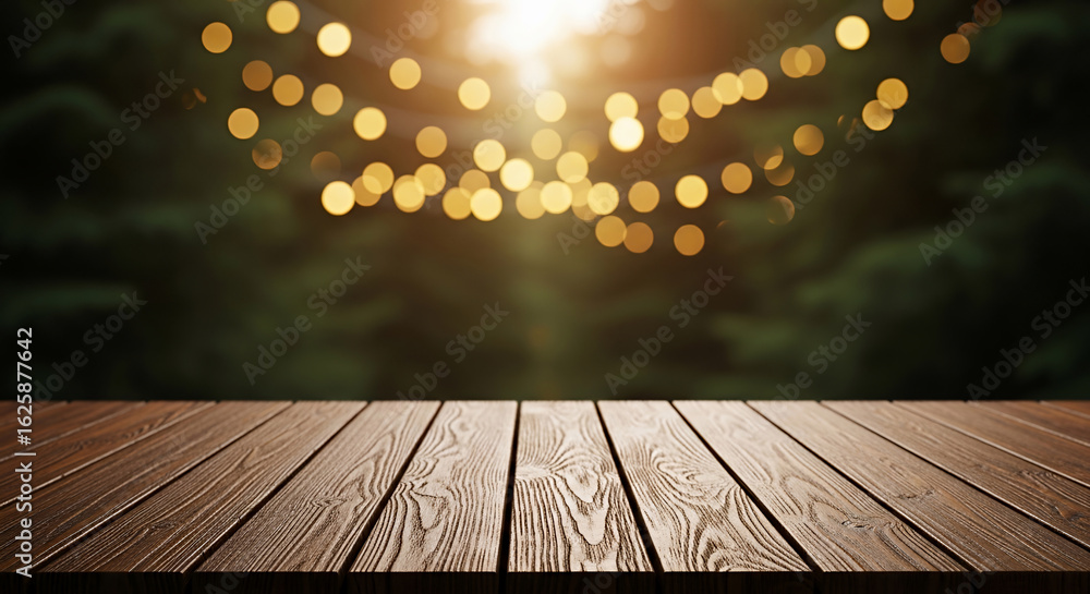 Aufkleber warm wooden table with blurred lights bokeh. empty table surface for product placement or background