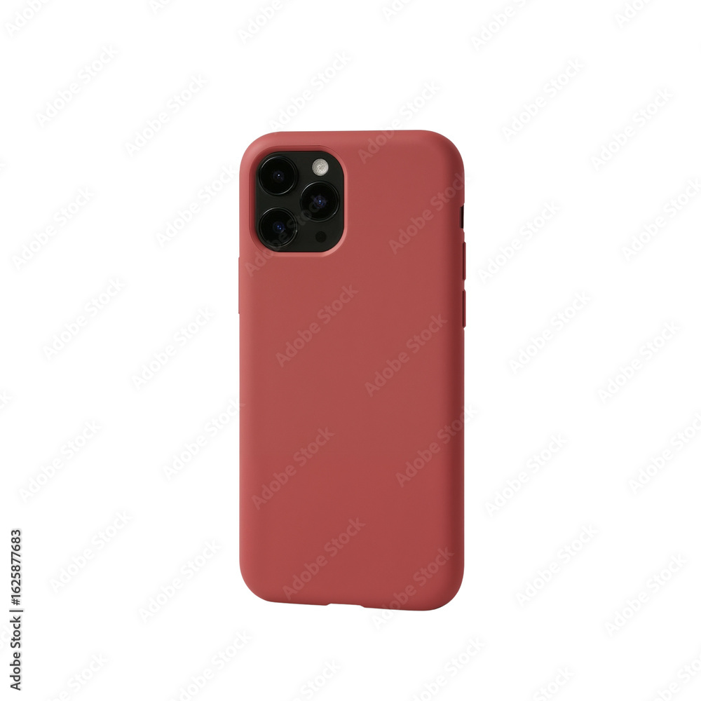 Poster crimson smartphone casing revealing multiple lens array on an isolated transparent stage for