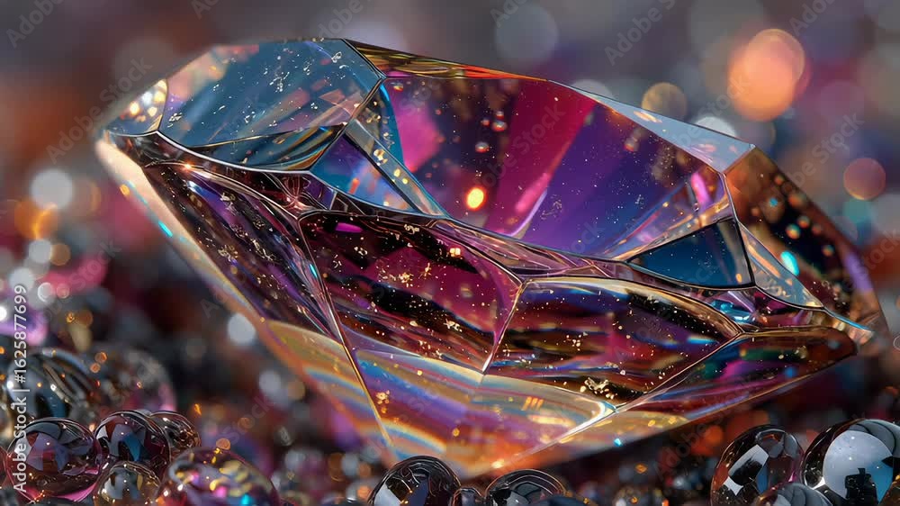 Poster close up of a large colorful iridescent diamond. luxury gemstone sparkling with abstract glitter and