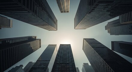 Dramatic low angle view of modern skyscrapers against the sky in downtown with an urban architectural perspective