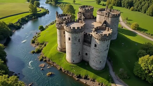 Majestic medieval castle standing proudly along riverbank, aerial view perfect for history and travel