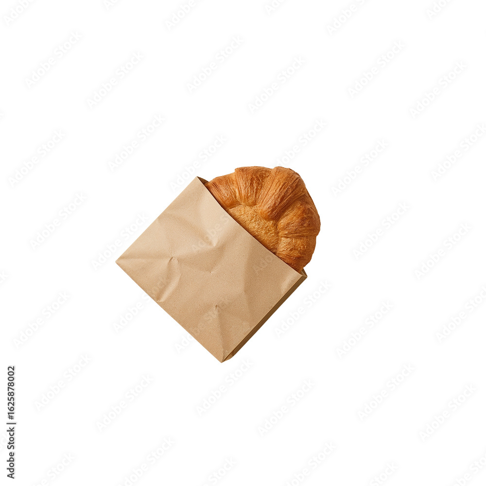 Poster golden pastry in a paper bag against simple setting offers an inviting minimalistic style