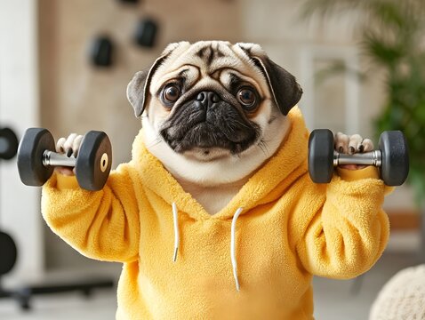 pug in workout clothes lifting small dumbbells, playful expression and fitness room background 
