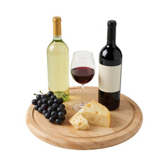 Elegant wine presentation featuring a glass of red, white wine bottle, cheese and grapes on a