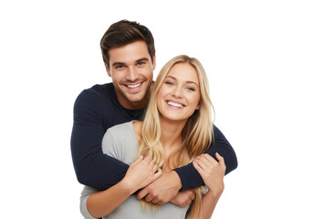Naklejka premium Happy beautiful young couple hugging and smiling, isolated on a transparent background