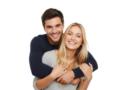 Happy beautiful young couple hugging and smiling, isolated on a transparent background