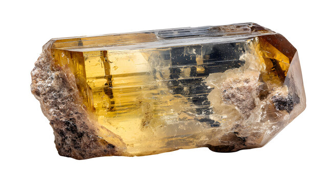 Raw Scapolite crystal, yellow prismatic form, natural striations, isolated on Transparent background