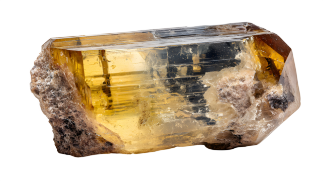 Raw Scapolite crystal, yellow prismatic form, natural striations, isolated on Transparent background