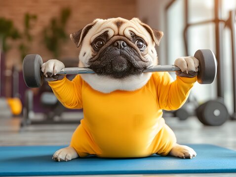 pug in workout clothes lifting small dumbbells, playful expression and fitness room background 
