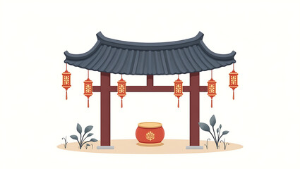 Flat Illustration Traditional Chinese Gate with Hanging Lanterns and Decoration