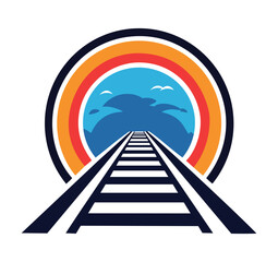 A circular railway tunnel logo with tracks leading into a colorful sky, ideal for transportation or travel companies