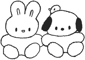 토끼와 강아지가 나란히 있는 손그림 스티커 일러스트