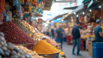 Obraz premium Colorful Spices in Vibrant Outdoor Market with Blurred People