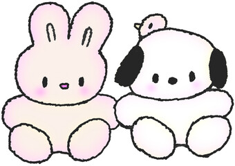 토끼와 강아지가 나란히 있는 손그림 스티커 일러스트