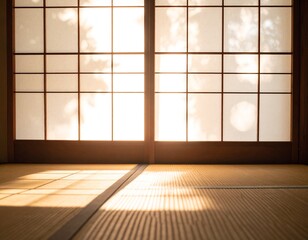 Japanese tatami room with soft morning sunlight through shoji screen, minimalist and peaceful