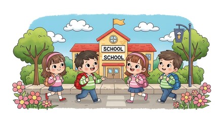 Cartoon children walking to school with backpacks and a school building in the background on a sunny day