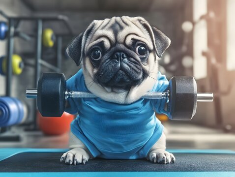 pug in workout clothes lifting small dumbbells, playful expression and fitness room background 
