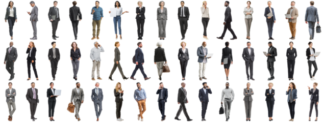 Set of business people in various actions on isolated background. Businesspeople, businesswomen, businessmen office worker in full body length studio professional shot in casual and formal wear