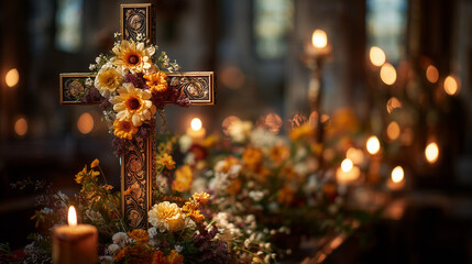 Holy Cross Day, close-up of golden cross adorned with flowers in candle-lit church