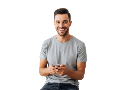 Happy smiling handsome Asian man using a smartphone, isolated on a transparent background