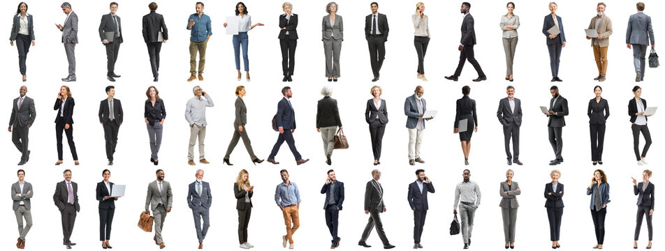 Set of business people in various actions on isolated background. Businesspeople, businesswomen, businessmen office worker in full body length studio professional shot in casual and formal wear